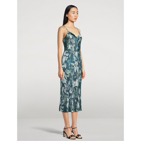 Vince Dress Green Floral Midi Satin Crinkle Small S